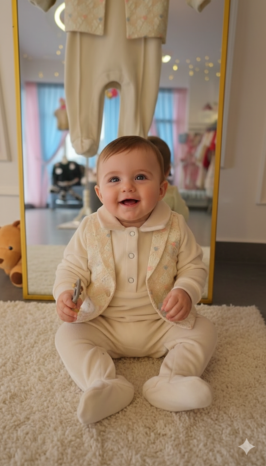 Elegant Three-Piece Cream Velour Baby Set