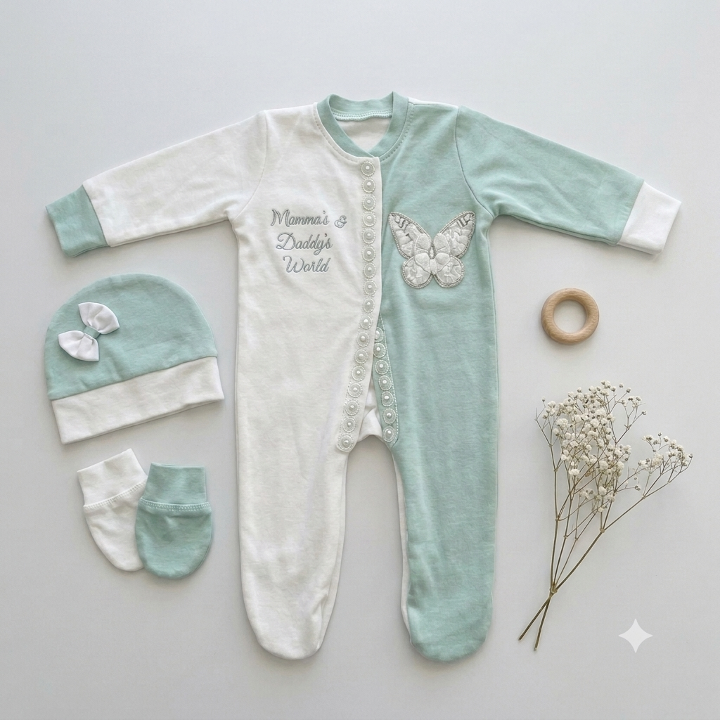 Mint White Butterfly Romper Set