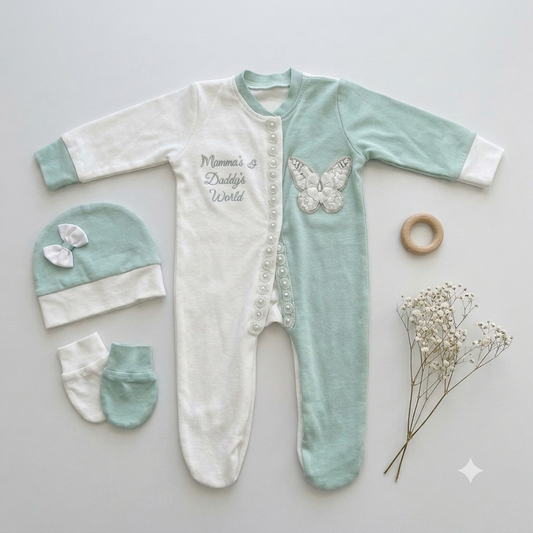 Mint White Butterfly Romper Set