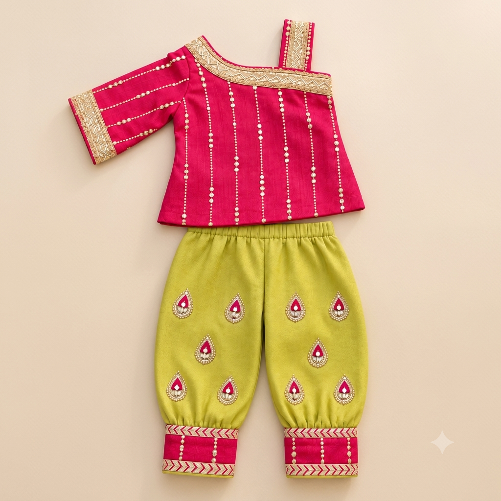 Pink Lime Dhoti Set