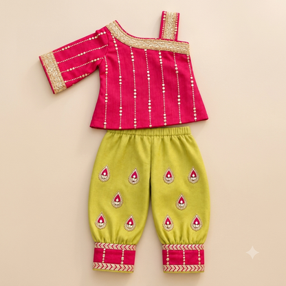 Pink Lime Dhoti Set