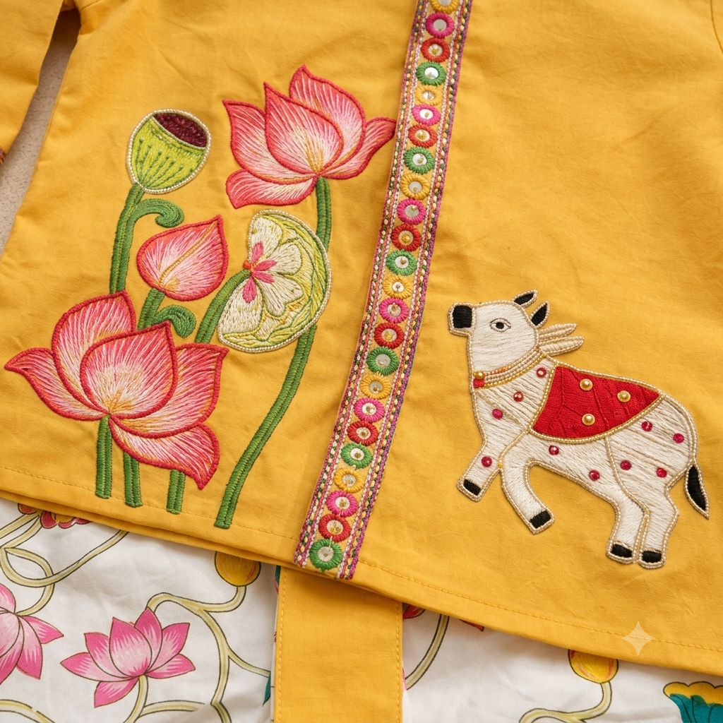 Yellow Lotus Cow Dhoti Set