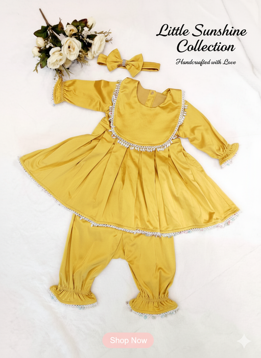 Ethnic Wear 5 Little Sunshine Collection: Golden Mustard Silk Frock and Pants Se