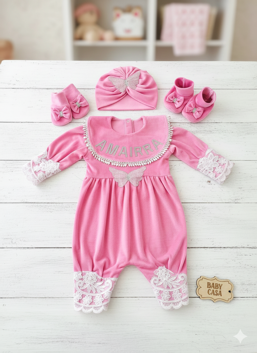 💖 Amaira's Elegant Pink Velour Baby Romper Set