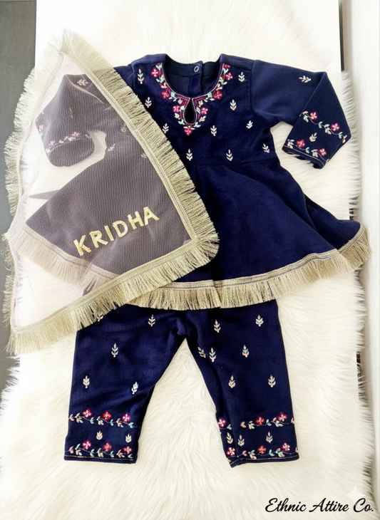 The Navya: Navy Blue Velvet Suit with Personalization