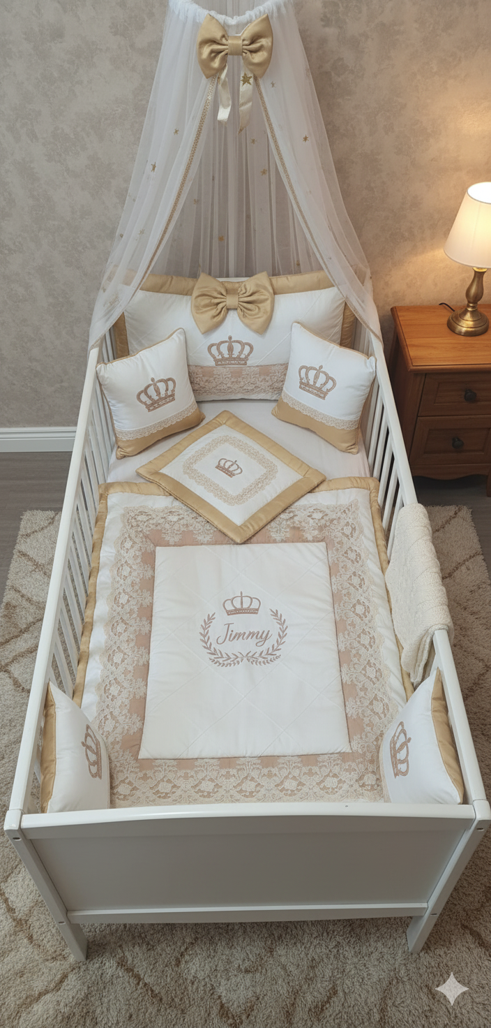 "Royal Prince" Luxury Personalized Crib Bedding Set in Champagne & Lace