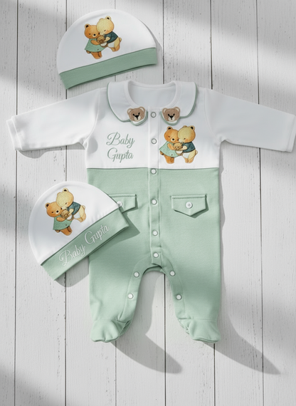 The Teddy Family Sea Green & White Romper Set