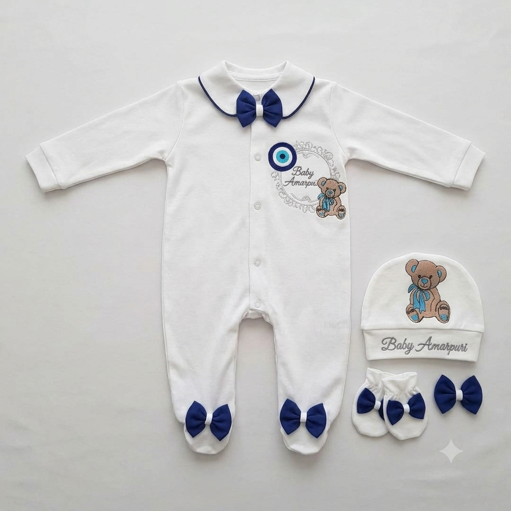 Navy Bow Teddy Romper Set