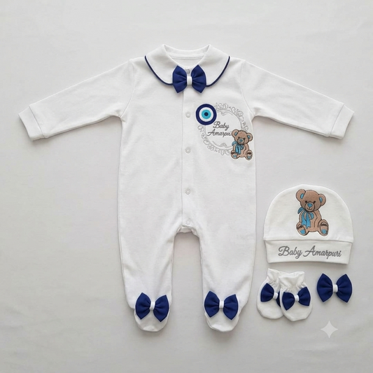 Navy Bow Teddy Romper Set