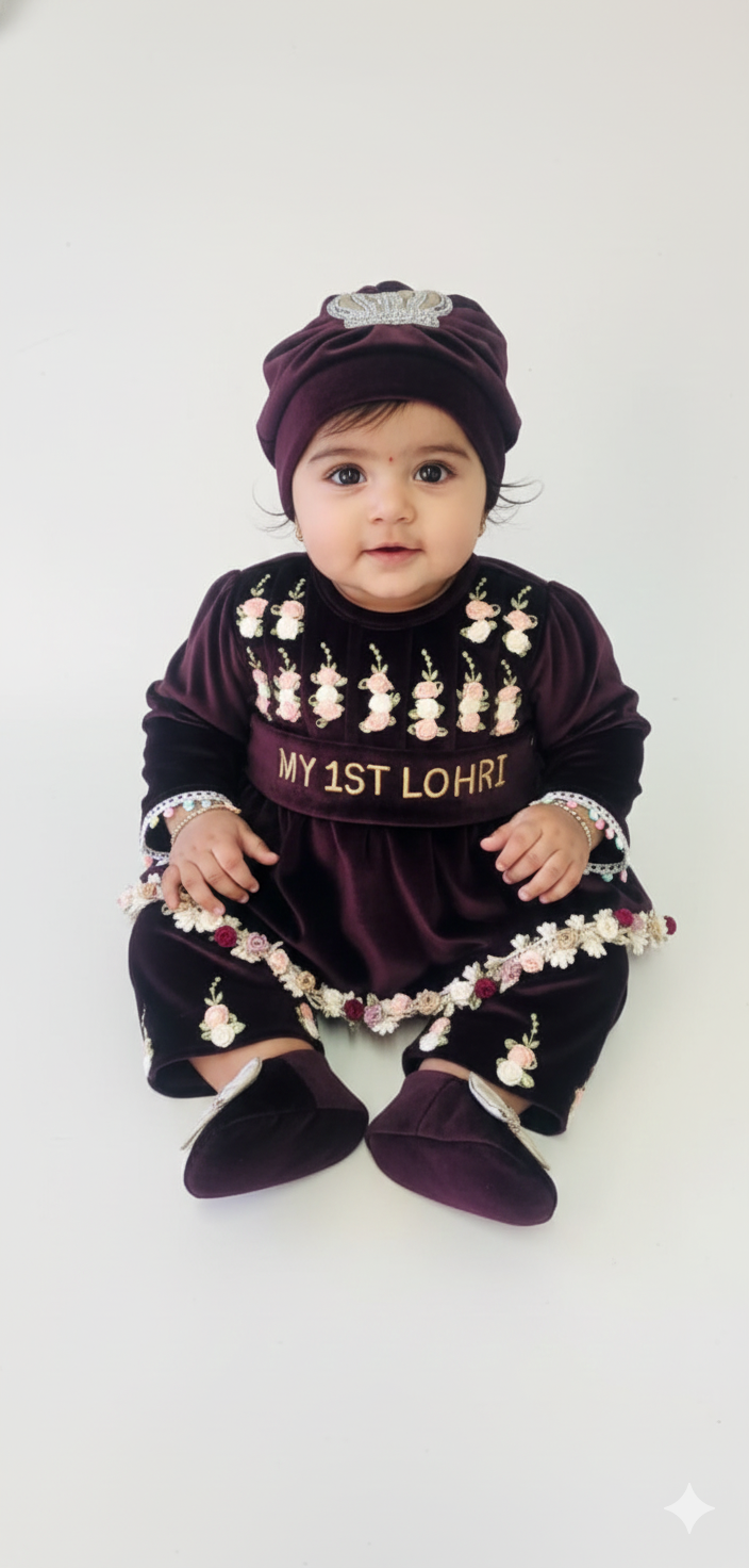 My 1st Lohri" Baby Girl’s Luxury Velvet Peplum Set – Deep Plum