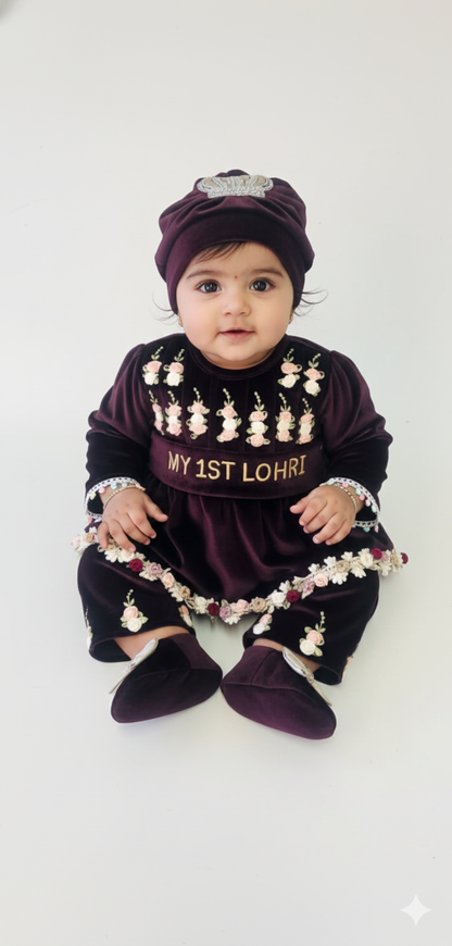 My 1st Lohri" Baby Girl’s Luxury Velvet Peplum Set – Deep Plum
