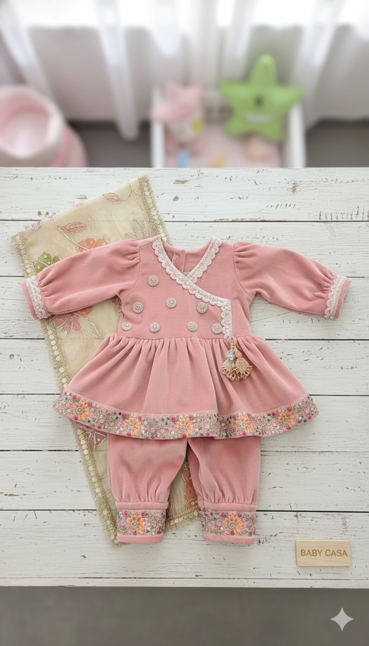 Blush Pink Angrakha Peplum Set with Floral Detailing