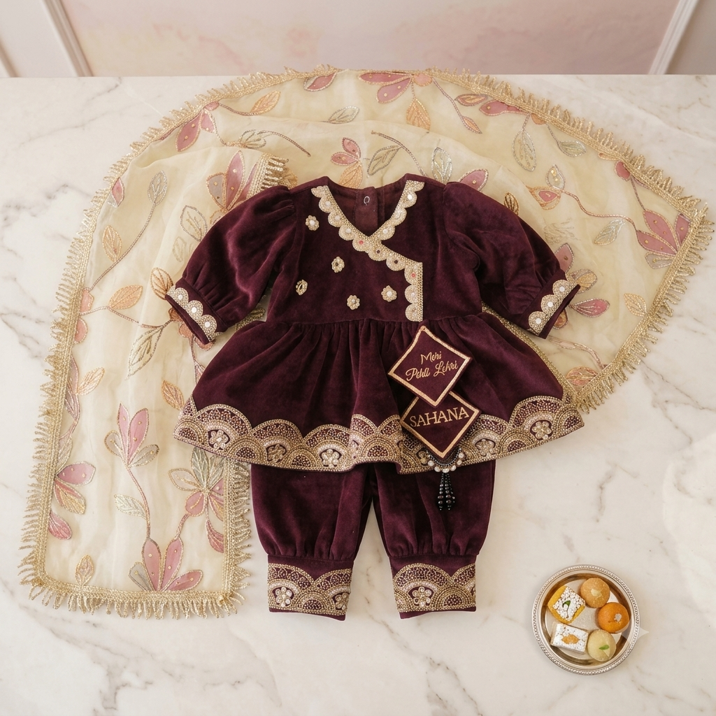 Deep Wine Velvet Embellished Girls Peplum Set