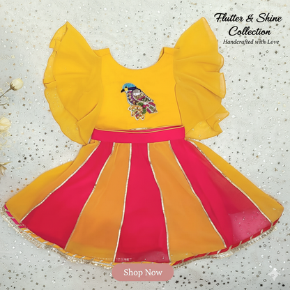 Yellow Pink Bird Lehenga Set