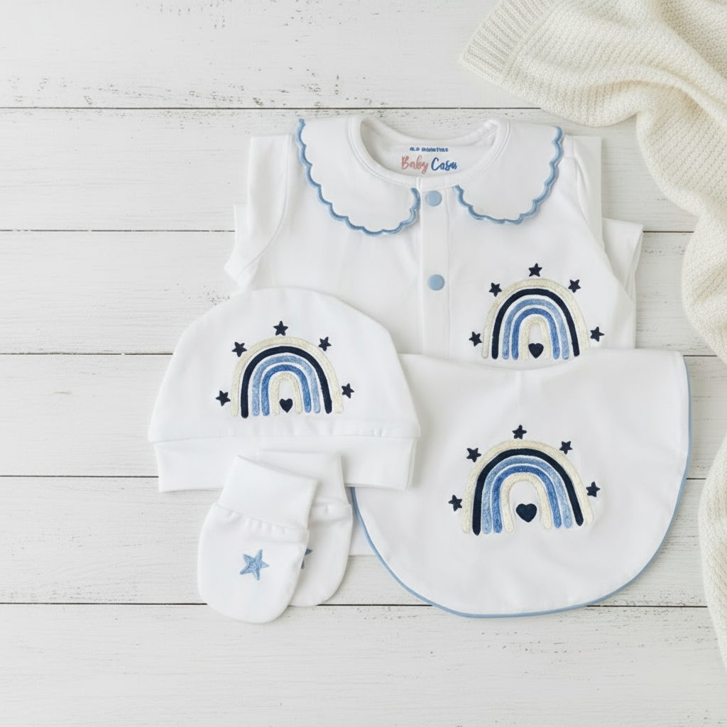 The Rainbow embroidered Blue  Romper Set