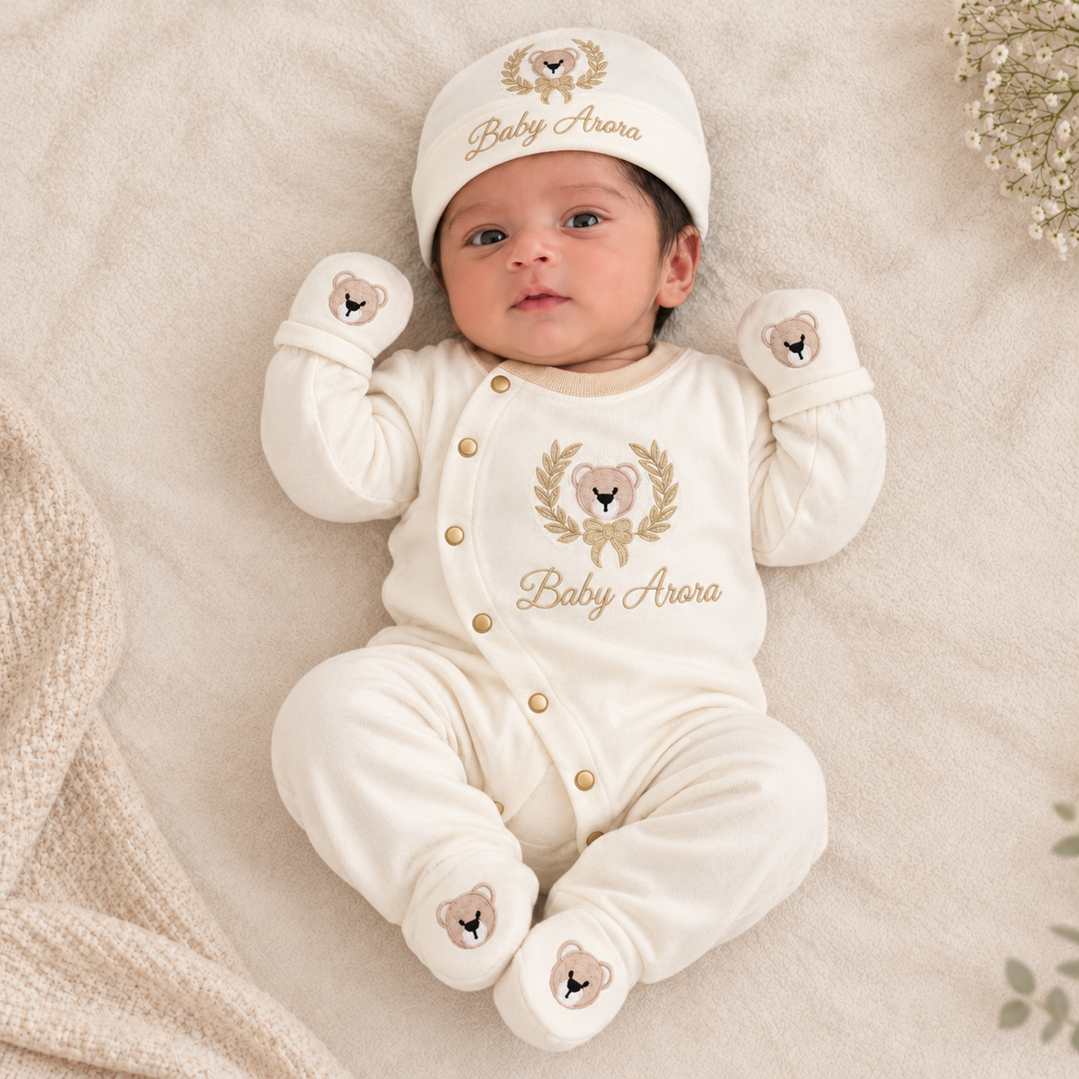 A baby lying on a soft cream blanket wearing an off-white footed onesie with gold buttons, a matching beanie, and mittens. The outfit has a teddy bear graphic and the text 'Baby Arora' embroidered on the chest and hat.