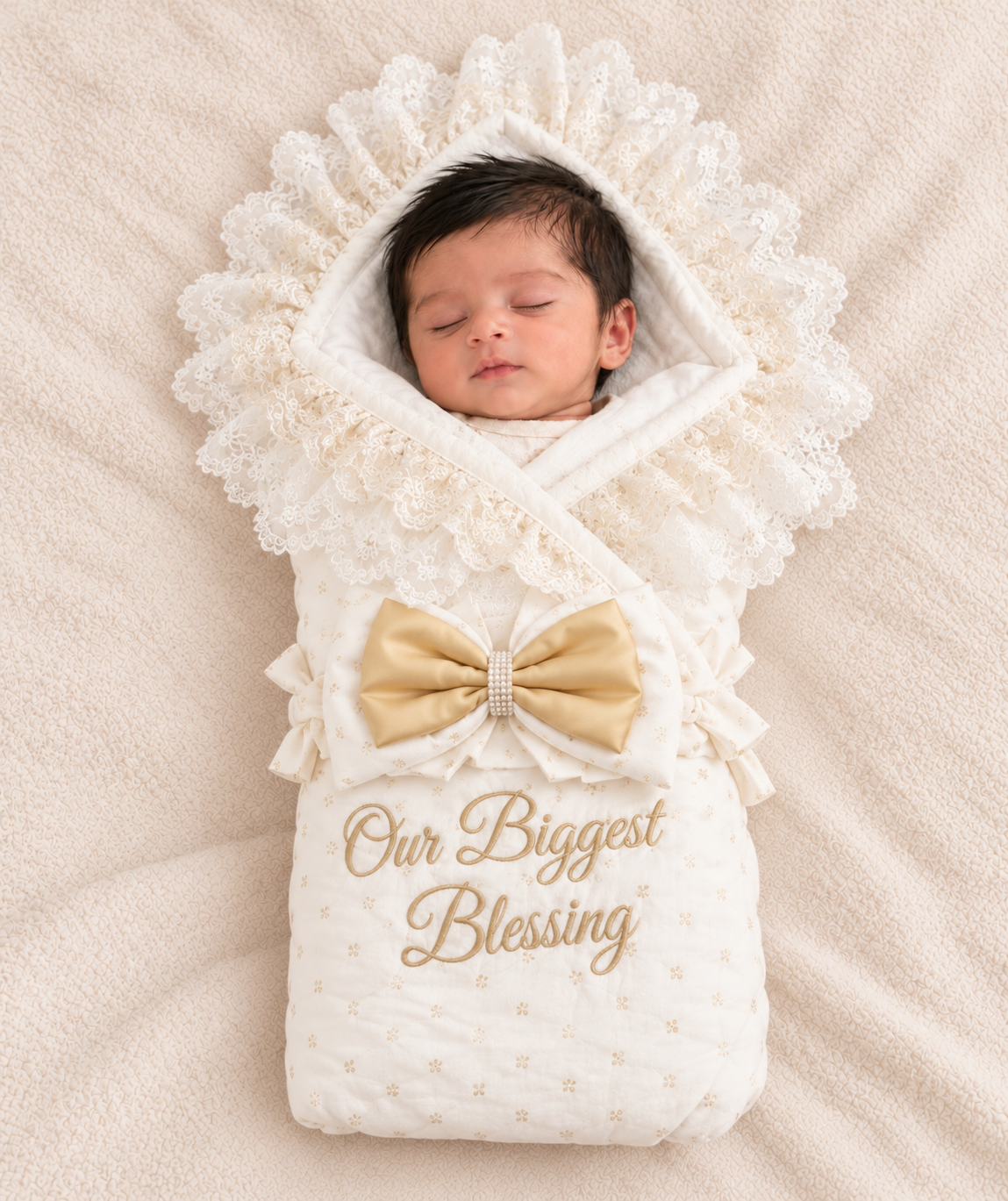 A sleeping newborn baby wrapped in a cream-colored quilted baby swaddle blanket with a large gold bow and lace hood. The swaddle features gold embroidered text reading 'Our Biggest Blessing' and is laid flat on a textured cream blanket background.