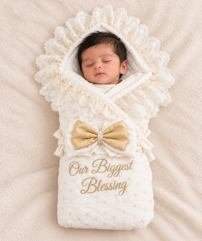 A sleeping newborn baby wrapped in a cream-colored quilted baby swaddle blanket with a large gold bow and lace hood. The swaddle features gold embroidered text reading 'Our Biggest Blessing' and is laid flat on a textured cream blanket background.