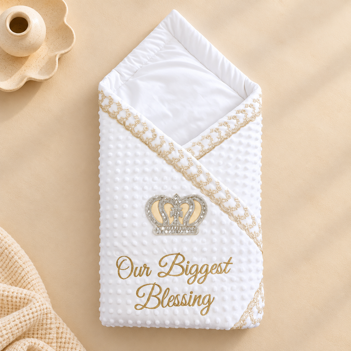 A white textured baby blanket or swaddle with a gold embroidered crown and the words 'Our Biggest Blessing,' styled on a beige surface with a small wooden candle holder and cream knit fabric nearby.