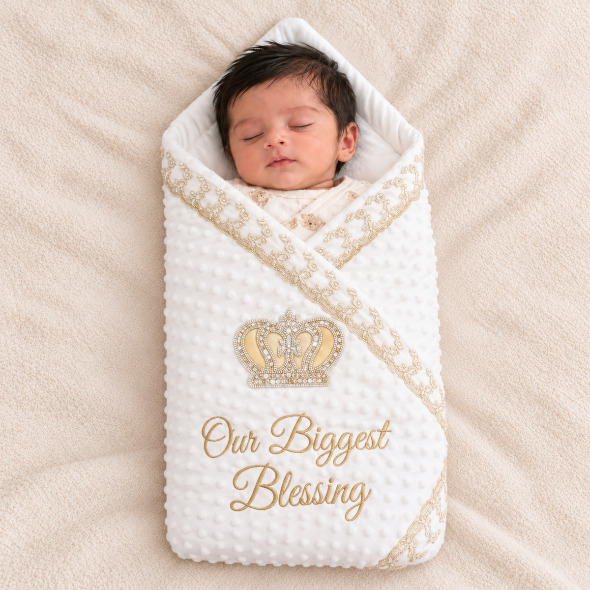 A sleeping newborn baby swaddled in a white minky dot blanket with gold embroidered trim, a gold crown design, and the text 'Our Biggest Blessing' on a beige textured blanket.