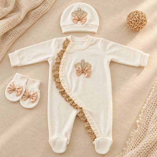 A baby footed sleeper set in warm off-white, featuring a lace-trimmed wrap front, a matching bonnet with a bow and jeweled crown detail, and a pair of bootie mittens. The set is styled flat-lay on a beige fabric background with a knitted blanket and a woven ball prop.