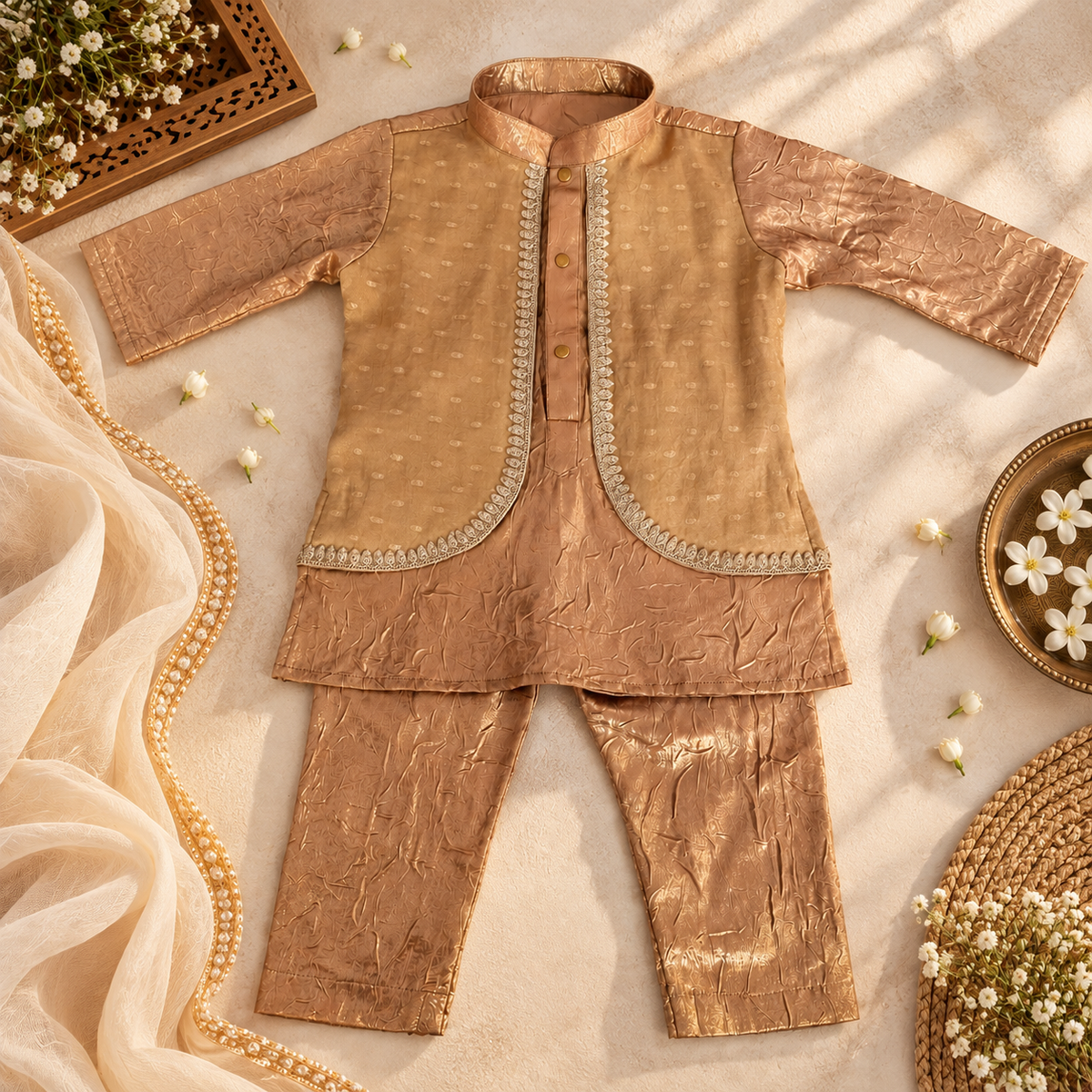 A baby boy's traditional Indian outfit laid flat on a beige fabric background. The set includes a metallic gold jacket with a mandarin collar, decorative gold trim, and matching textured pants.