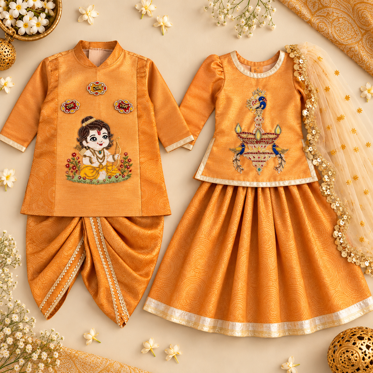 A styled flat-lay of traditional Indian children's clothing on a beige background with floral props. On the left is a boy's mustard-gold outfit with a drape and embroidered cartoon motif.
