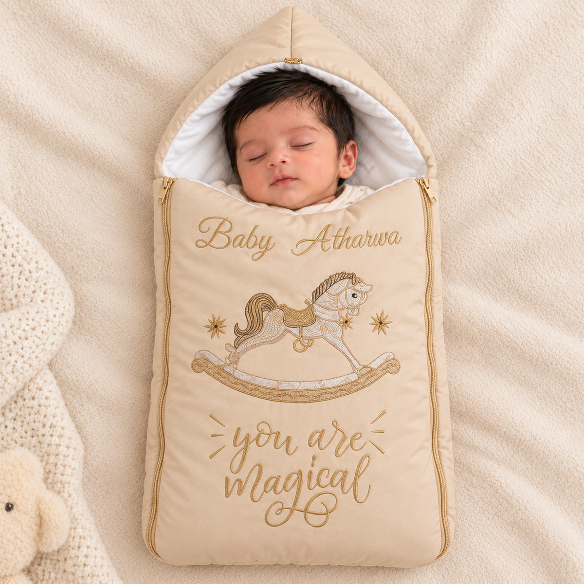 A sleeping newborn baby is swaddled in a beige hooded baby blanket bag with gold embroidery featuring a rocking horse and the text 'Baby Atharva' and 'you are magical'. The baby bag is placed on a soft beige blanket next to a knitted white blanket and a plush toy.