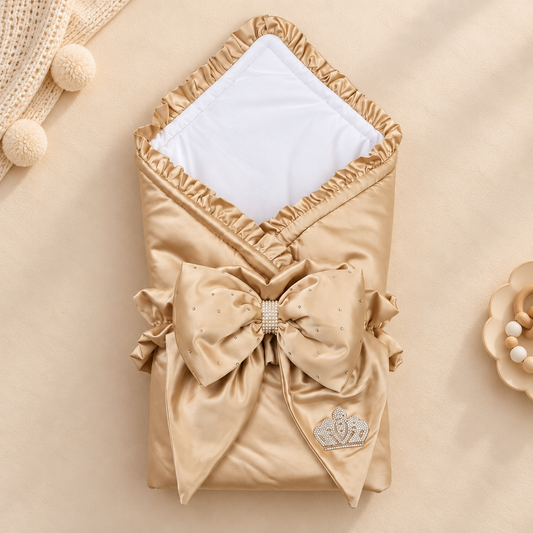 A gold satin baby swaddle wrap with a large bow and crown applique, laid flat on a beige background with a white folded cloth inside.