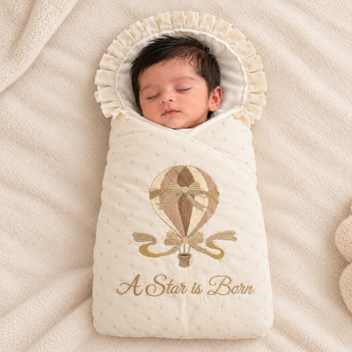 A sleeping newborn baby wrapped in a cream-colored quilted swaddle blanket with a hot air balloon design and the text 'A Star is Born'. The swaddle features a ruffled trim around the hood and is photographed on a soft, textured cream blanket.