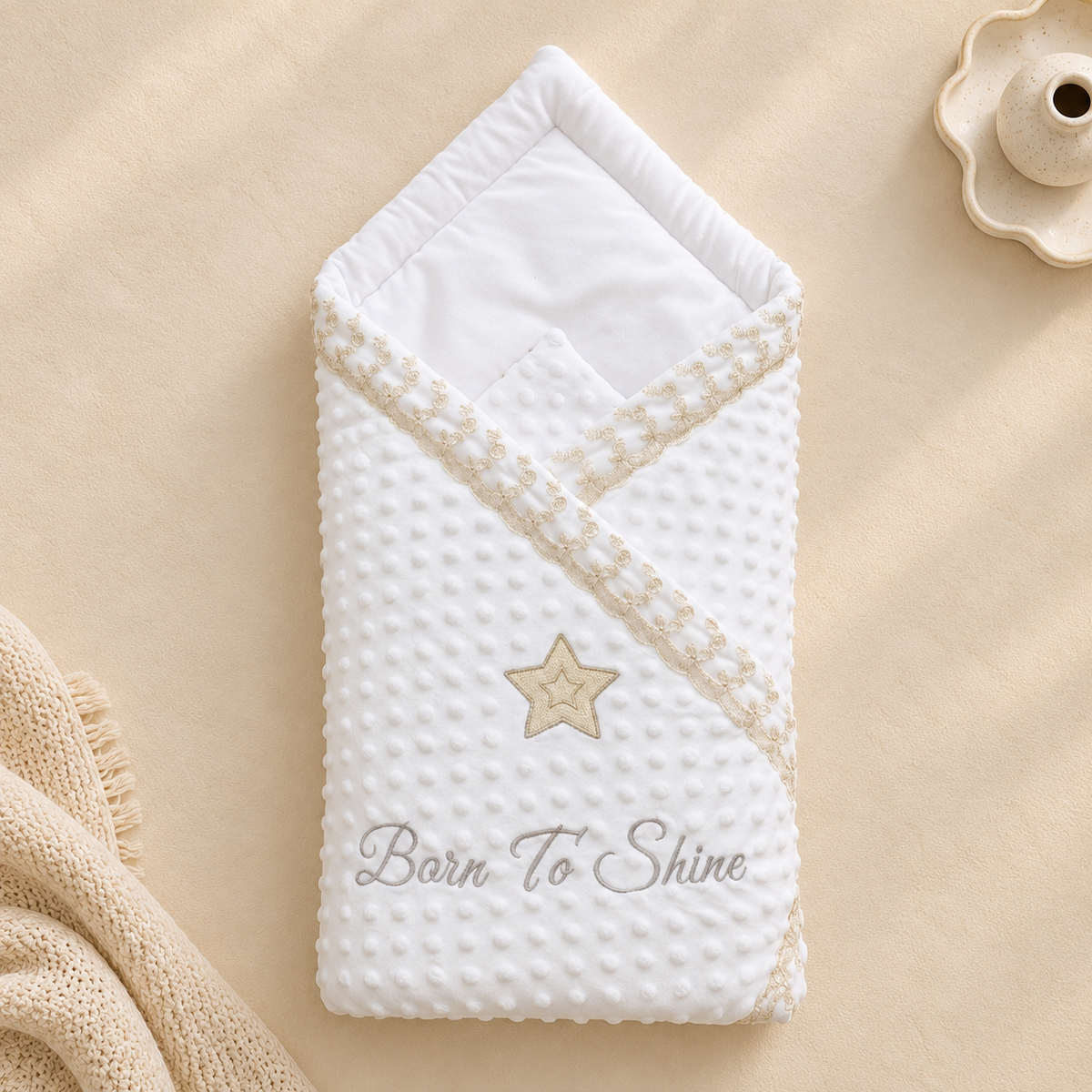 A white textured baby swaddle blanket with a gold embroidered star and the words 'Born To Shine' in script, laid flat on a beige fabric background with a small decorative object in the corner.