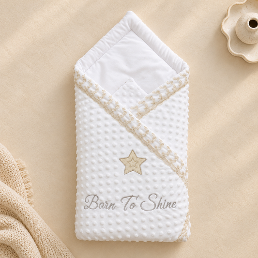 A white textured baby swaddle blanket with a gold embroidered star and the words 'Born To Shine' in script, laid flat on a beige fabric background with a small decorative object in the corner.