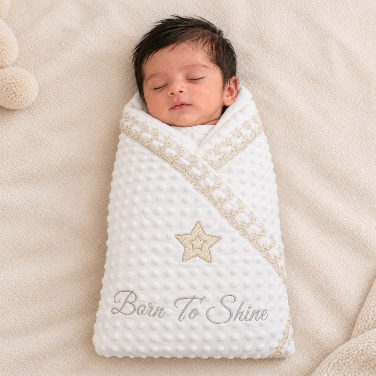 A sleeping newborn baby swaddled in a white textured minky dot blanket with a beige embroidered star and the words 'Born To Shine' on a soft beige blanket.