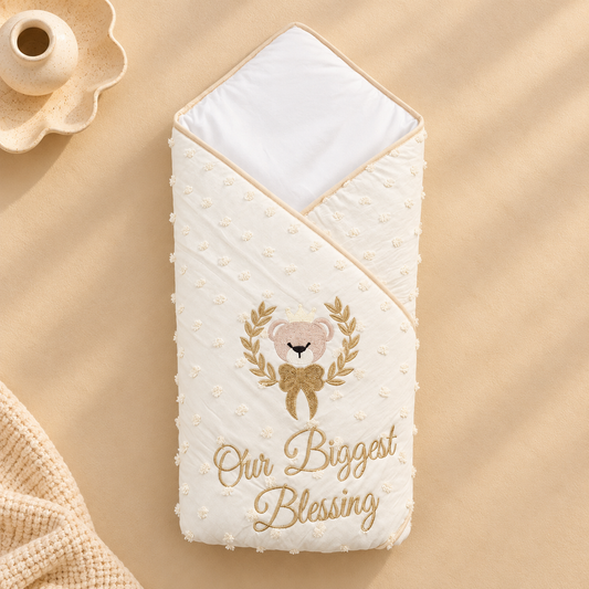 A cream-colored baby swaddle blanket with textured pom-pom details, featuring an embroidered teddy bear face in a gold wreath and the words 'Our Biggest Blessing' in gold script. The swaddle is displayed flat on a warm beige background with a small wooden candle holder prop in the top left.
