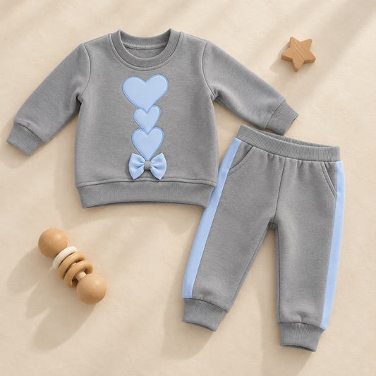 A baby two-piece clothing set laid flat on a warm beige background, featuring a light gray long-sleeve top with three stacked light blue hearts and a matching bow on the front, paired with matching light gray pants with light blue side panels. Small wooden toys are placed nearby as props.