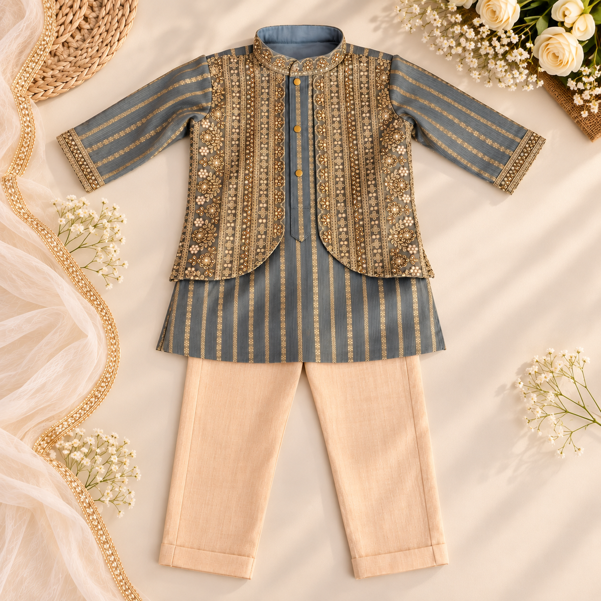 A three-piece baby boy's traditional Indian outfit laid flat on a cream fabric background with decorative props. The set includes a slate blue kurta with vertical stripes and gold embroidery, a matching blue jacket with gold embroidery and button placket, and beige trousers.