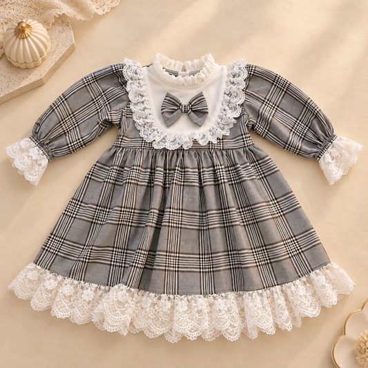 Grey Plaid Lace Girls Frock