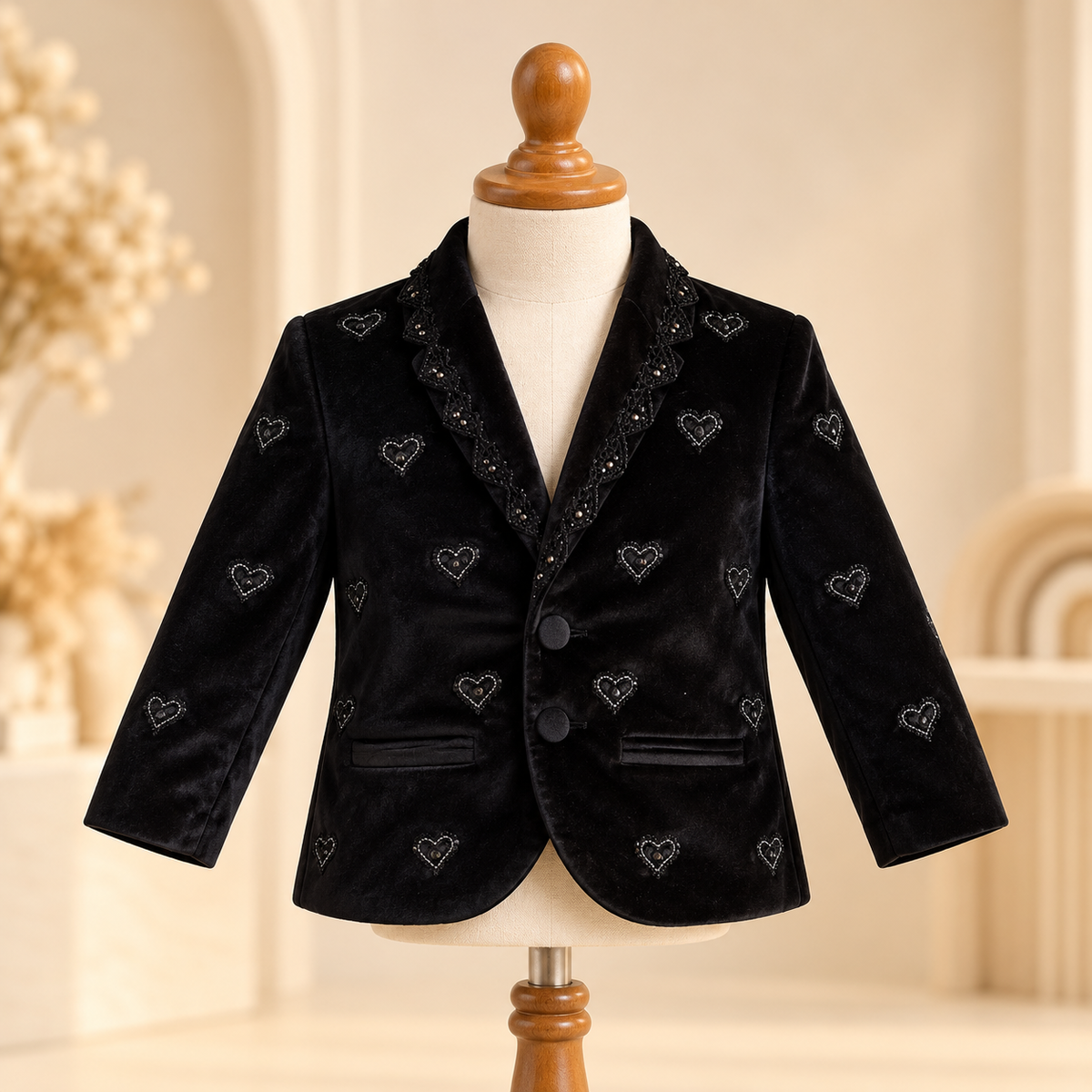 A black velvet boys' blazer with embroidered silver hearts and lace trim on the collar, displayed on a cream mannequin torso with a wooden neck cap.