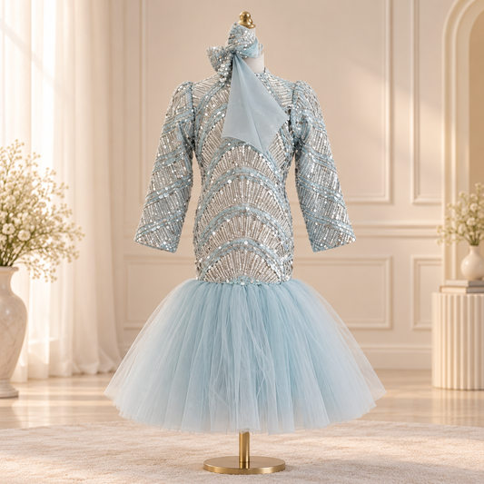 A light blue sequined tulle dress displayed on a mannequin in a bright, elegant room. The dress features a high collar with a matching bow, three-quarter sleeves, a heavily embellished bodice with silver and blue sequins, and a voluminous light blue tulle skirt.