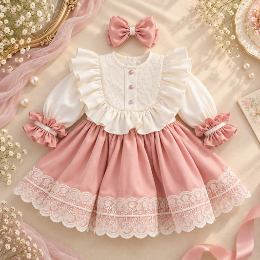A baby girl's dress styled in a flat lay with a matching pink bow headband. The dress features a cream-colored lace bodice with three small buttons, long white sleeves with pink ruffled cuffs, and a pleated pink skirt with a white lace hem.