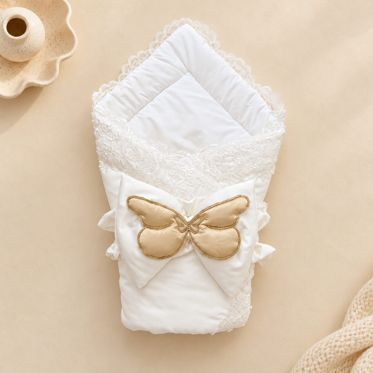 A folded white baby blanket or swaddle with lace trim and a large gold satin bow on the front, photographed on a warm beige background with small decorative props.