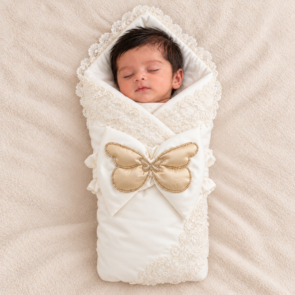 A sleeping newborn baby wrapped in a white lace baby swaddle blanket with a large gold satin bow, lying on a soft beige blanket.
