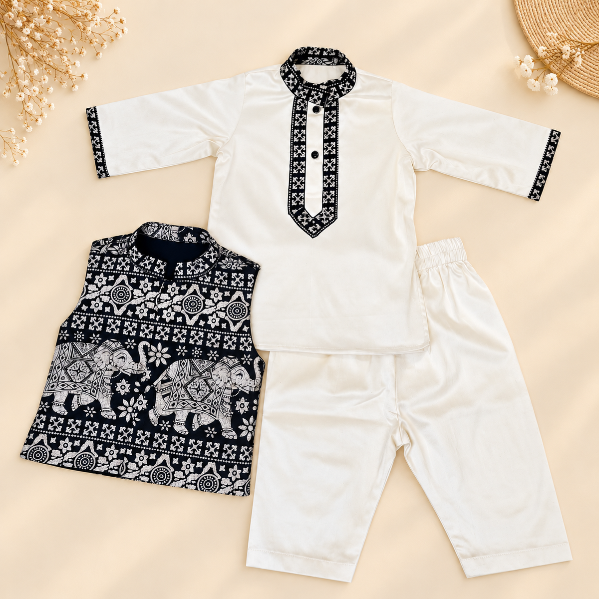 A baby clothing set laid flat on a warm beige background, including a white long-sleeve tunic with black patterned trim, white pants, and a black sleeveless vest with white elephant and floral motifs. Decorative dried flowers and a woven hat appear at the corners.