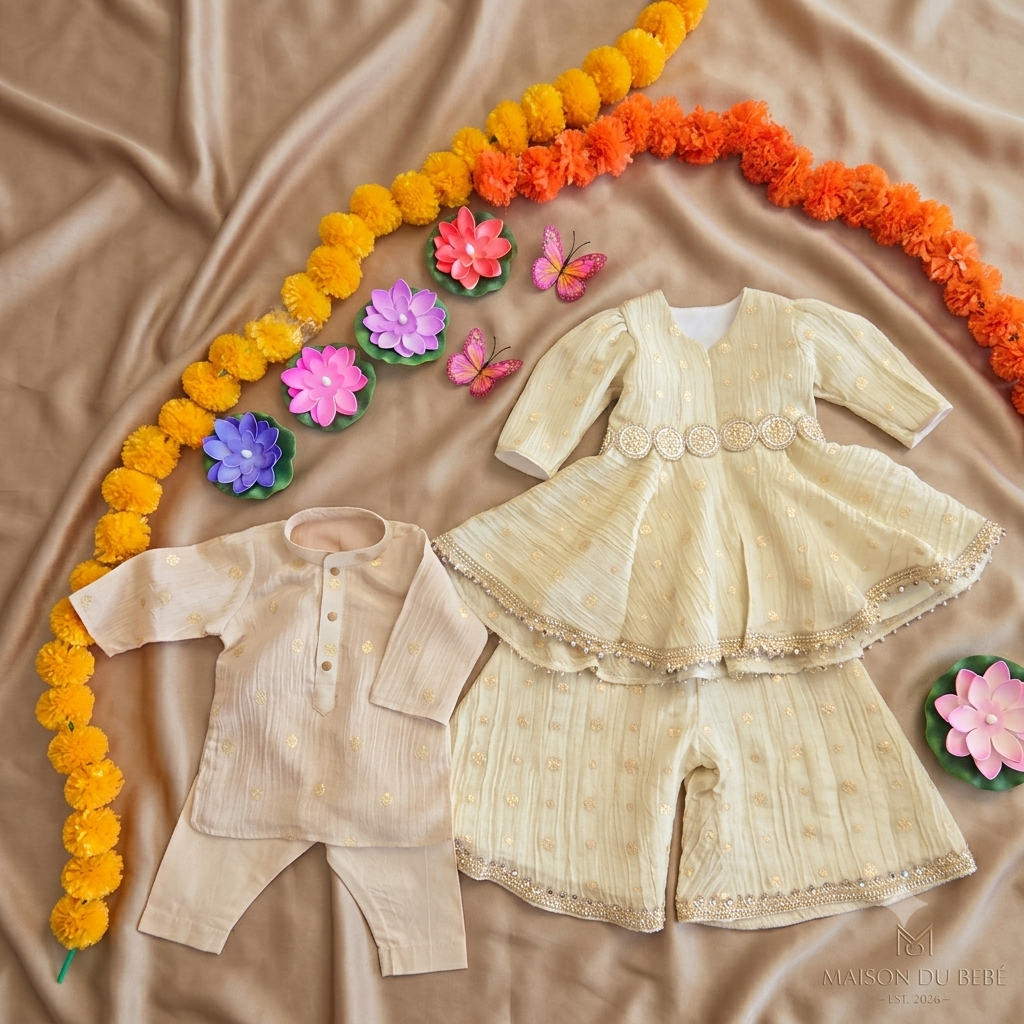 A baby clothing flat lay on a beige satin fabric background, featuring a cream-colored traditional outfit with gold embroidery and a matching beige long-sleeve top. Decorative flower garlands, artificial flowers, and butterflies surround the outfit.