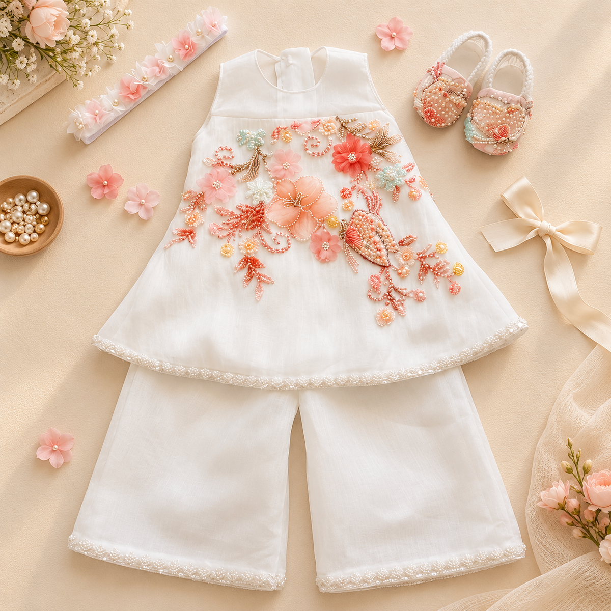 A baby girl's two-piece outfit set consisting of a sleeveless white top with colorful floral embroidery and matching white pants with lace trim, styled in a flat lay with baby accessories on a beige background.