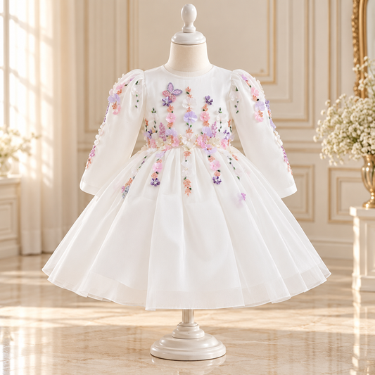A white toddler girl's party dress with floral and butterfly embroidery, displayed on a white mannequin in a bright, elegant room.