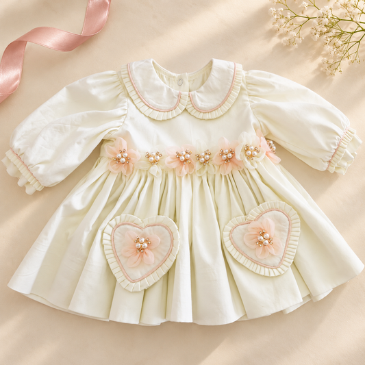 A baby girl's long-sleeve dress in cream-colored fabric with pale pink accents. The dress features a Peter Pan collar, ruffled trim, a smocked waistband decorated with pink floral appliqués and pearl-like beads, and two large heart-shaped patch pockets on the front.