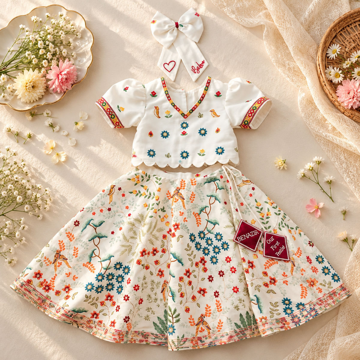 A baby girl's two-piece dress set featuring a white short-sleeve top with colorful floral and bird embroidery, paired with a matching flared skirt covered in a multicolor wildflower print. The set includes a matching white bow headband with 'Mia' embroidered on it.