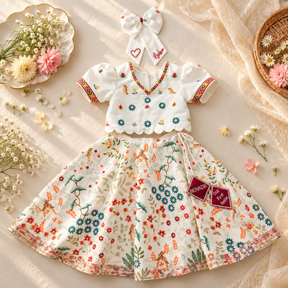 A baby girl's two-piece dress set featuring a white short-sleeve top with colorful floral and bird embroidery, paired with a matching flared skirt covered in a multicolor wildflower print. The set includes a matching white bow headband with 'Mia' embroidered on it.