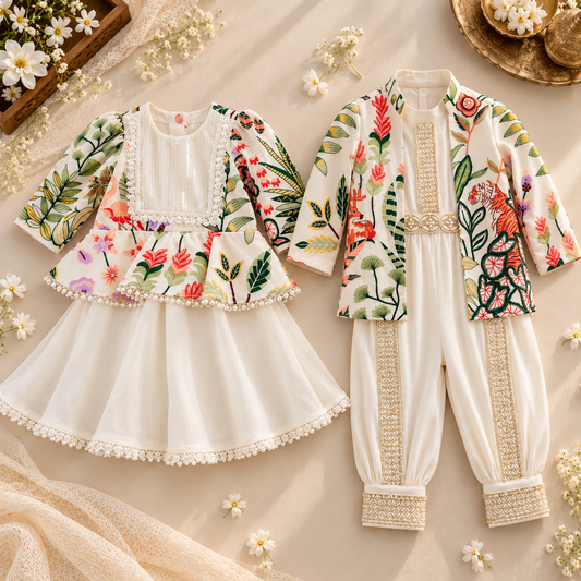 Two baby clothing sets styled flat-lay on a beige fabric background with small white flowers and decorative props. The left set is a baby dress with a white tulle skirt and a floral embroidered jacket.